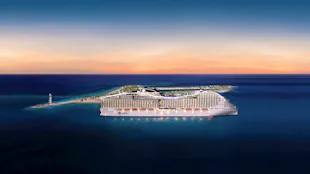 MSC Cruises newest ship MSC World America docked at Ocean Caye