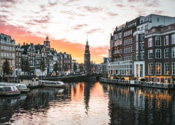 View of Amsterdam at sunset